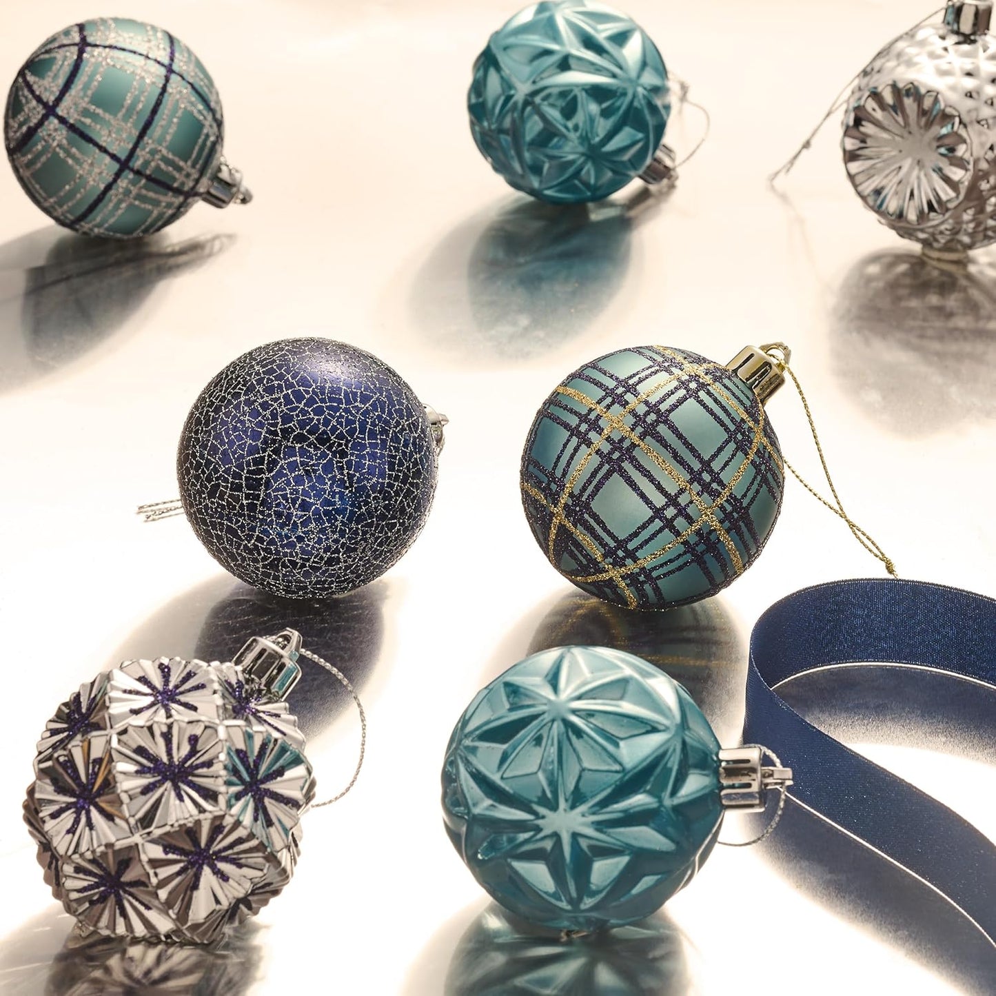 Valery Madelyn Ornaments for Christmas Trees, 9ct 2.36 Inches Navy Blue and Silver Shatterproof Christmas Tree Decorations, Luxury Hanging Ball Ornaments for Xmas Holiday Party Decor