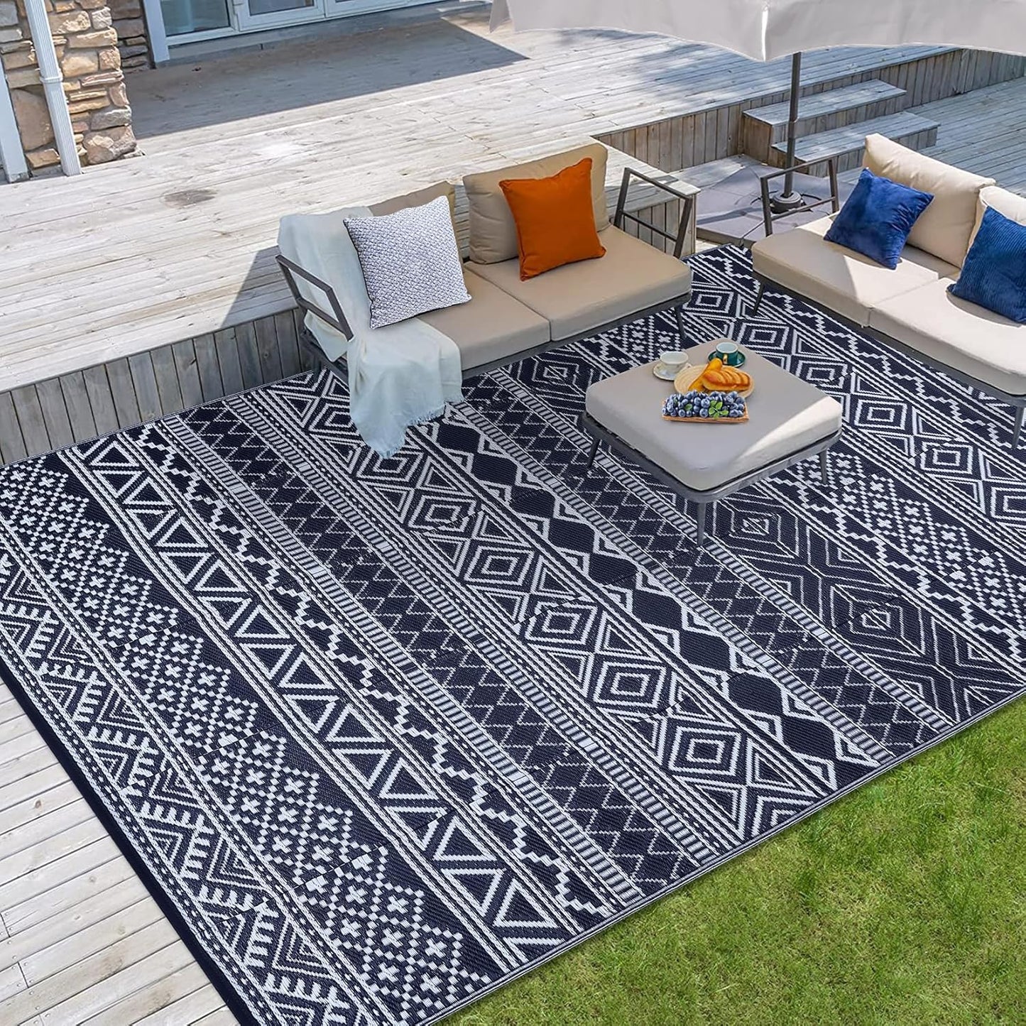 GAOMON Outdoor Rug 9'x12' Waterproof Rug for Patio Decor, Foldable Reversible Plastic Straw Area Rugs Mat for Camper, Outside Carpet for Deck, Porch, Picnic, Beach, Dark Blue/White(Bohemia)