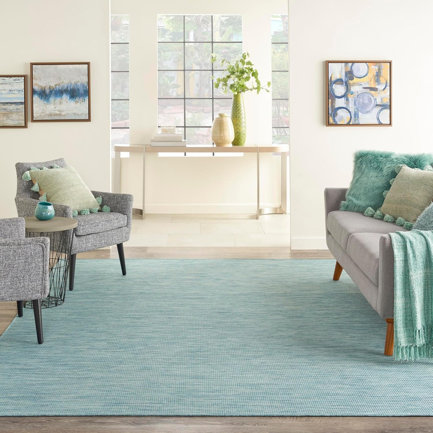 Nourison Positano Indoor-Outdoor Aqua 9' x 12' Area Rug, Easy Cleaning, Non Shedding, Bed Room, Living Room, Dining Room, Backyard, Deck, Patio (9x12)