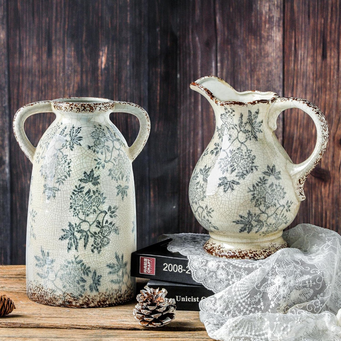 Enra Large Vintage Blue and White and Pitcher for Home Decor, 9.7 Inch Rustic Chinoiserie Decorative Vases, Green and Beige Ceramic Vases for Living Room, Kitchen, Office – Large Vases for Decor