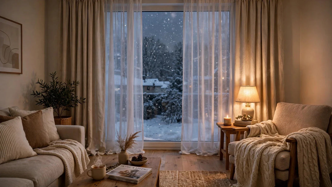 Cozy living room in winter with layered sheer curtains and warm beige drapes, snow falling outside the window