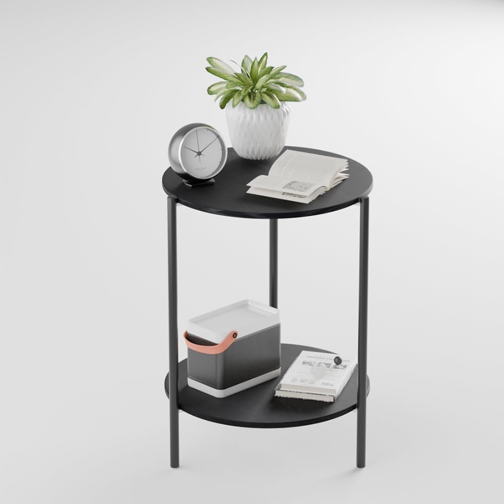 Side Table, Round End Table with 2-Layer Storage Rack, 15.7" Small Spaces Circle Table, Metal Frame Design Small Side Tables, for Living Room, Bedroom, Black