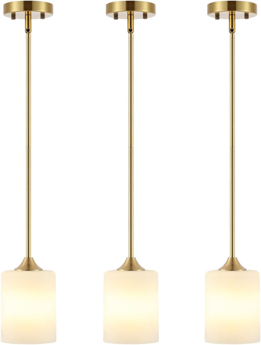 Modern Gold Pendant Light 3 Pack Brushed Brass Mid Century Chandelier White Cylinder Glass Shades Adjustable Rods Farmhouse Ceiling Hanging Lighting Fixture Kitchen Island Dining Room Bedroom