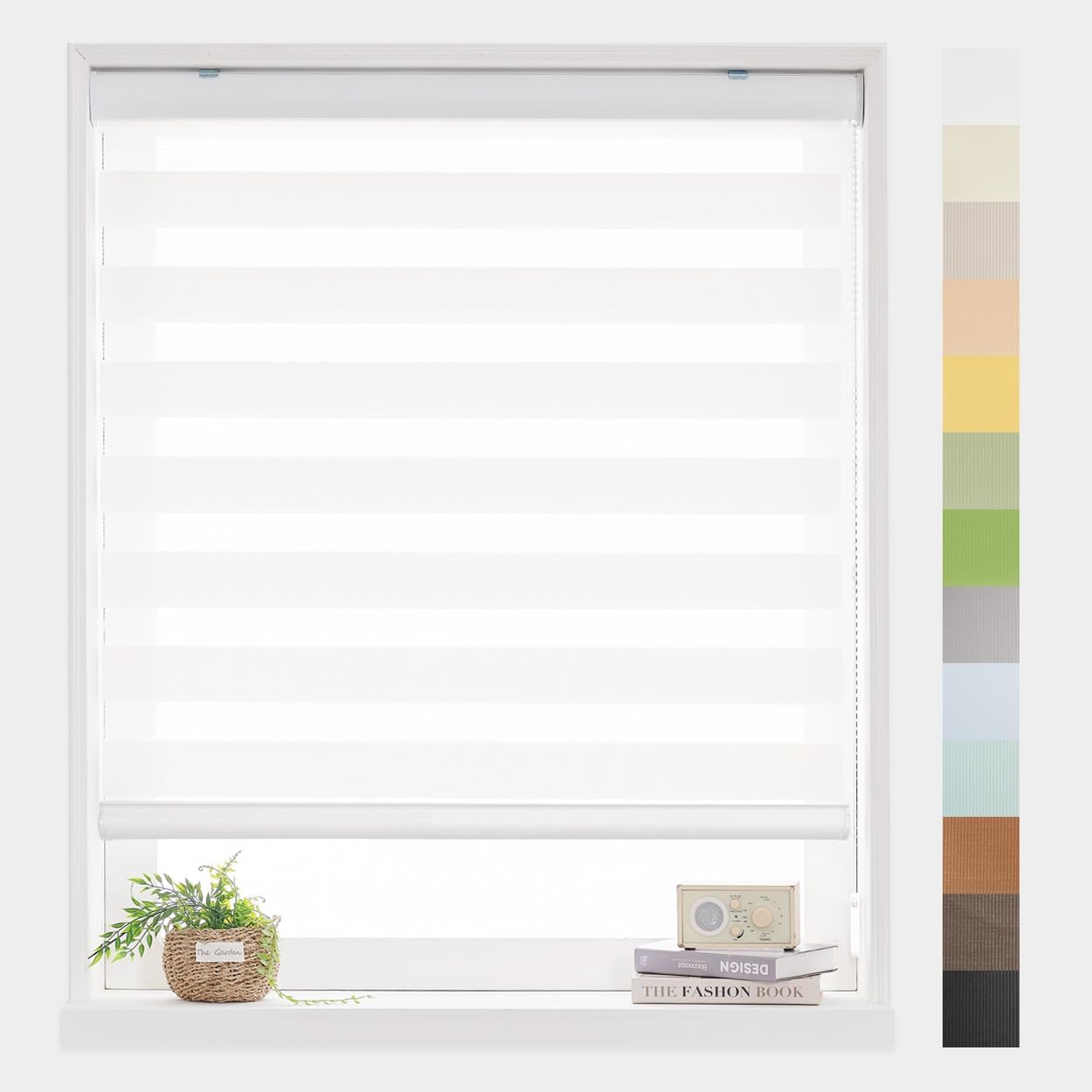 Foiresoft Standard Zebra Roller Blinds for Windows [W31 x H64 Inch, White, Basic], Light Filtering Dual Layer Shades for Bedroom, Living Room, Office, 13 Colors