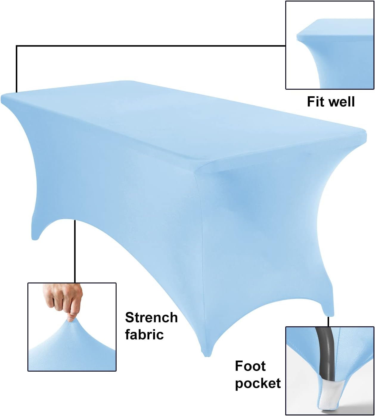 4Pack Spandex Waterproof Table Covers 6ft，Spandex 6ft Waterproof Table Cover for Party,Wedding, Banquet, and Events(Blue Mist)