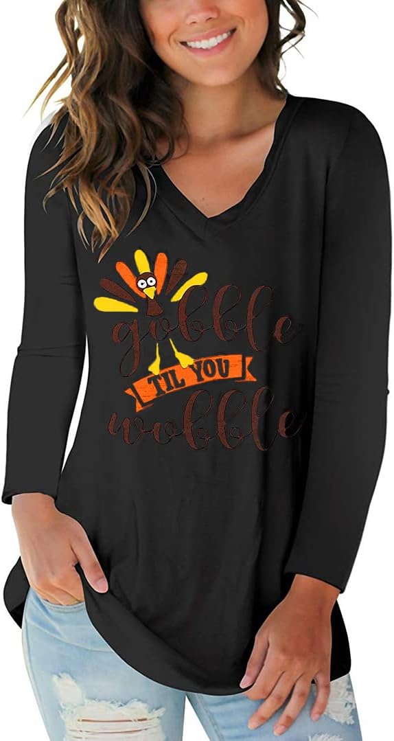 Tobrief Women's Long Sleeve V-Neck Shirts Fall Graphic Tees Loose Casual T-Shirt