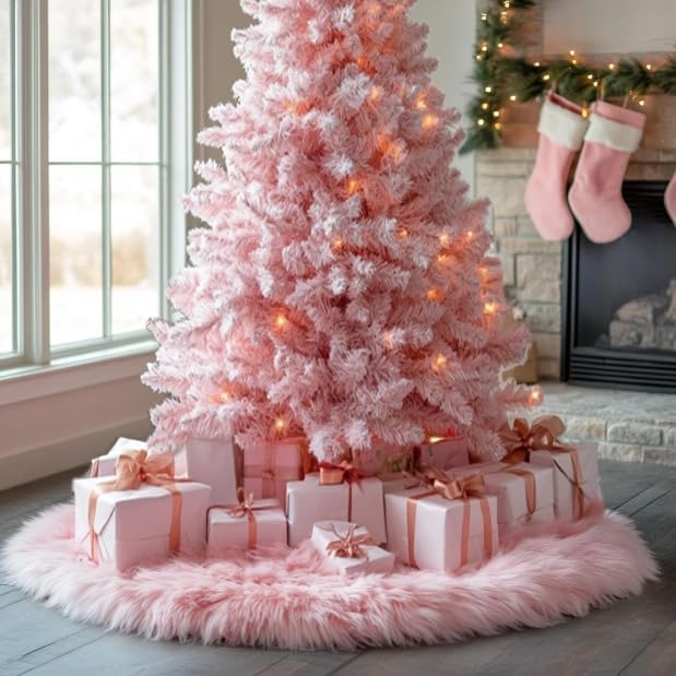 AOGU 60 Inch Faux Fur Christmas Tree Skirt Pink Plush Skirt for Merry Christmas Party Christmas Tree Decoration