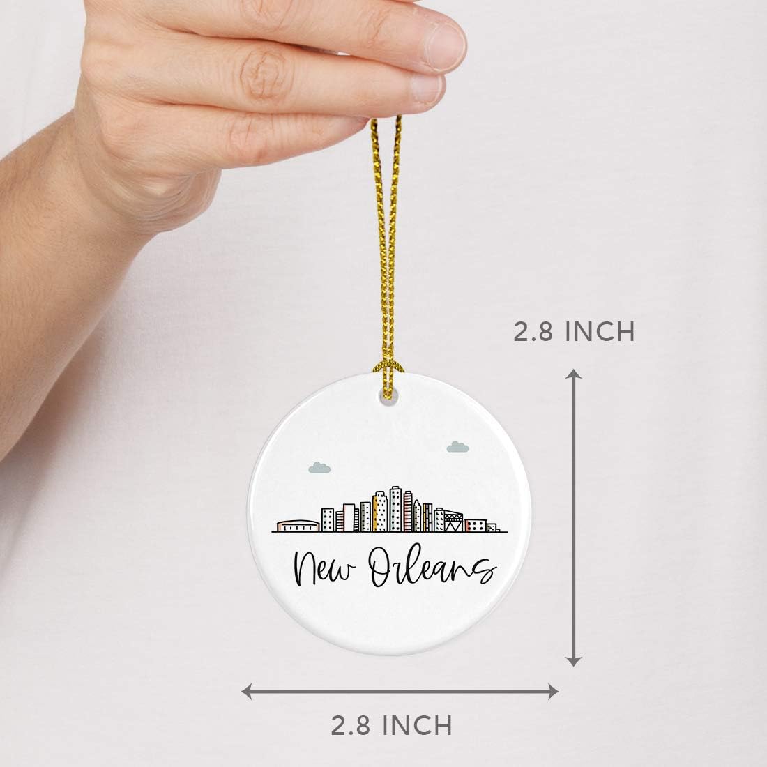 Andaz Press Round Ceramic Porcelain Christmas Tree Ornament Keepsake Gift, New Orleans, Colorful City Skyline Graphic, 1-Pack, Birthday Ideas Family Coworker Him Her, Includes Gift Box