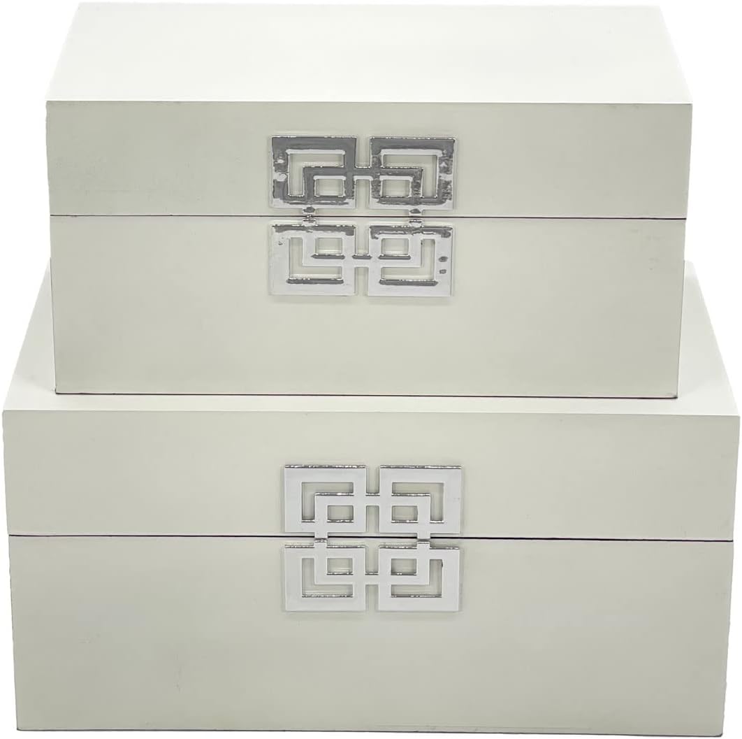 Galt International Storage Box Set Decorative Storage Box w/Hinged Lid Classic Design Wood Decor Boxes with Geometric Clasp Storage for Bedroom & Home - Set of 2 (White & Silver)