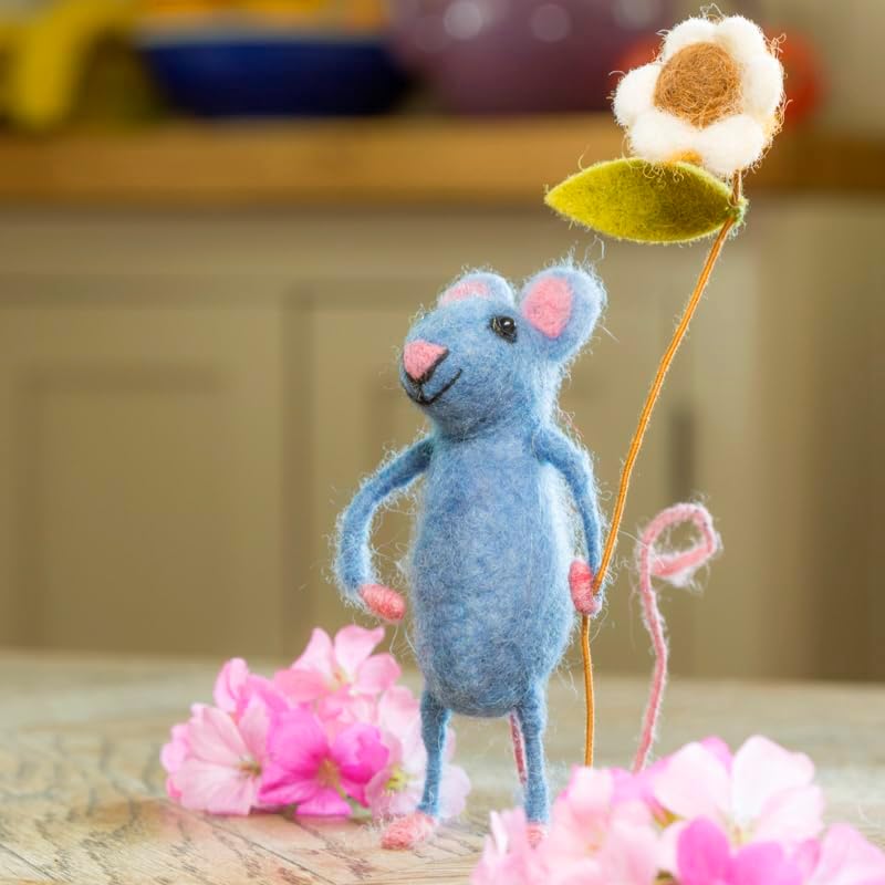| Hand-Felted Pretty Blue Mouse with Flower | Organic Wool Home Decor | Fair Trade Plush Animal Ornament | Gift for Any Occasion | Perfect for New Spaces & Home Accessories