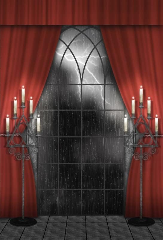 Renaiss 10x15ft Vintage Gothic Window Backdrop Red Curtain Candlestick Black Floor Lightning Stormy Sky Vampire Medieval Castle Photography Background Halloween Dress Up Party Decors Photo Booth Props