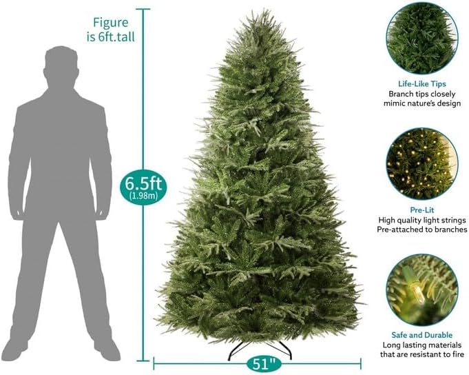 Naomi Home 6.5ft Christmas Tree with Lights, Realistic Prelit with Hinged Design with Foot Pedal, 2041 Branch Tips, 400 Warm Lights and Metal Stand, Aritificial Tree