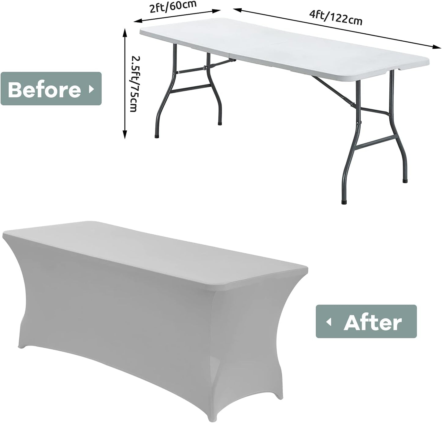 CWK 4FT Waterproof Stretch Spandex Table Cover for Rectangular Tables - Elastic Fitted Tablecloth for Folding Tables,Wrinkle Resistant Table Cloth for Parties, Weddings, Banquets & Events (Silver)