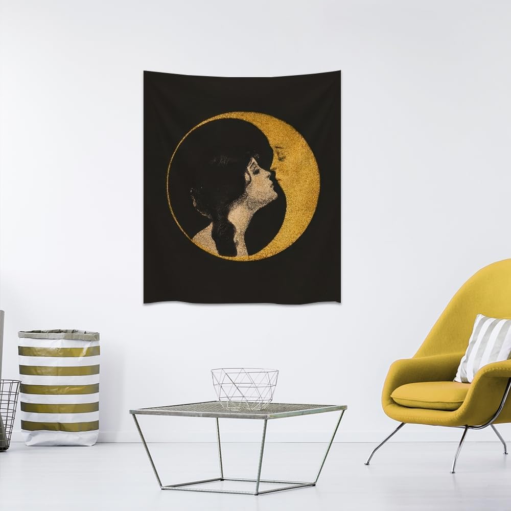 Dark Academia Woman Kissing Moon Art Tapestry Gothic Aesthetic Wall Hanging Witchy Picture Print Moon Goddess Tapestries Wall Decor for Living Room Bedroom Dorm 30x40inch