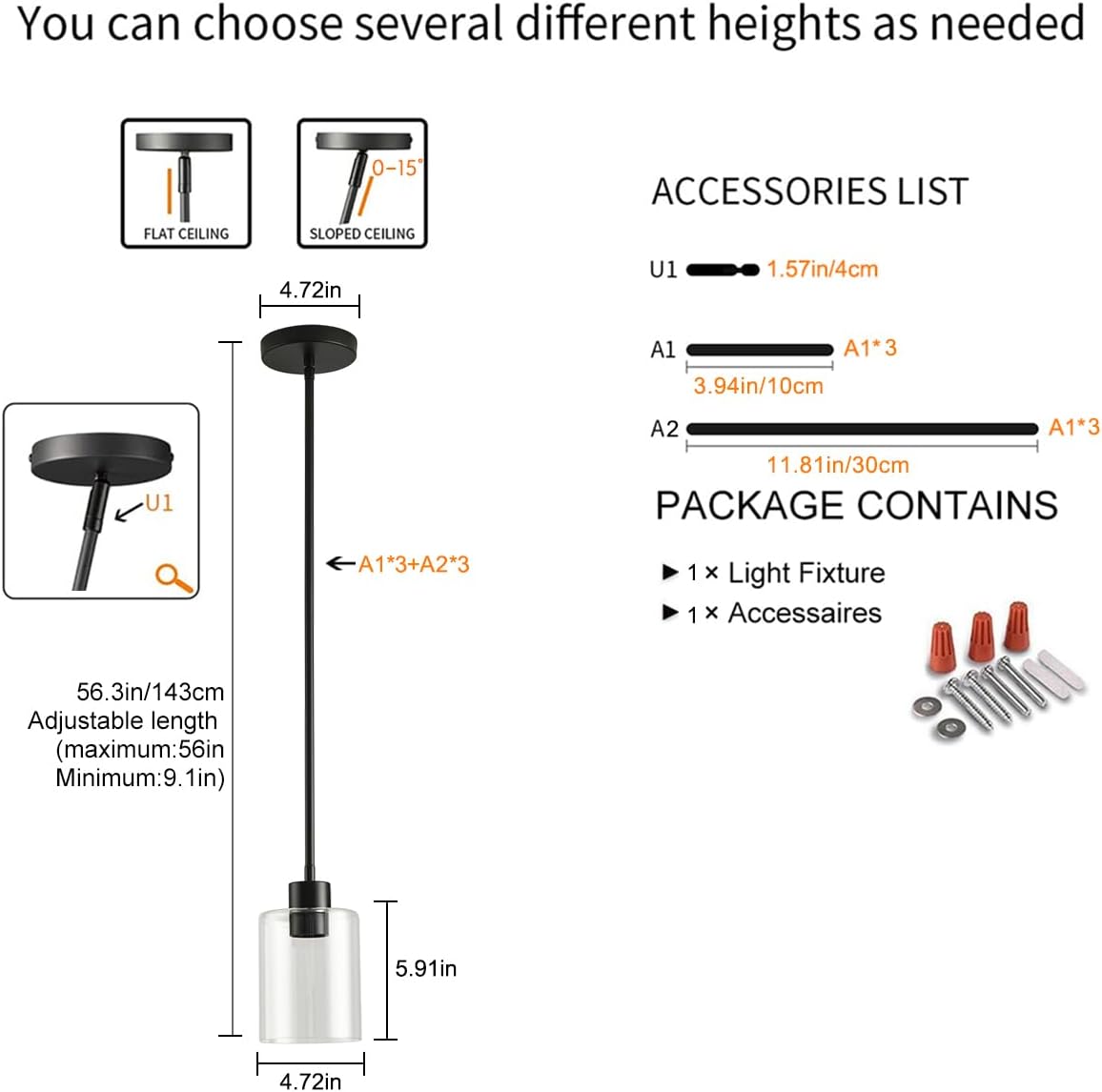 Black Pendant Lights Kitchen Island,Modern Farmhouse Glass Pendant Light,Light Fixture Kitchen Pendant Mini Hanging Light Fixture for Sink (1 Pack Black stem Rod)