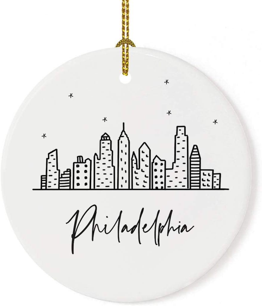 Andaz Press Round Ceramic Porcelain Christmas Tree Ornament Gift, Philadelphia Black and White Stars City Skyline Graphic, 1-Pack, Birthday Ideas for Family Coworker, Philly
