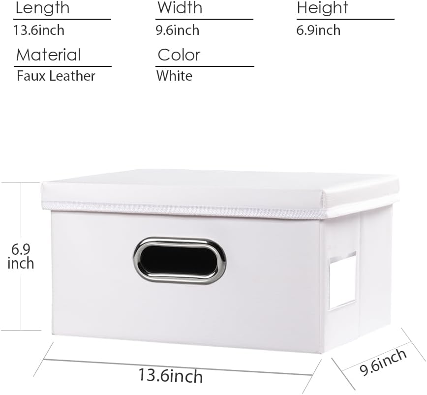 PRANDOM Collapsible Storage Box with Lid [3-Pack] Leather Fabric Foldable Storage Bin Organizer Container Basket Cube with Cover for Home Bedroom Closet Office Nursery White(13.6x9.6x6.9)