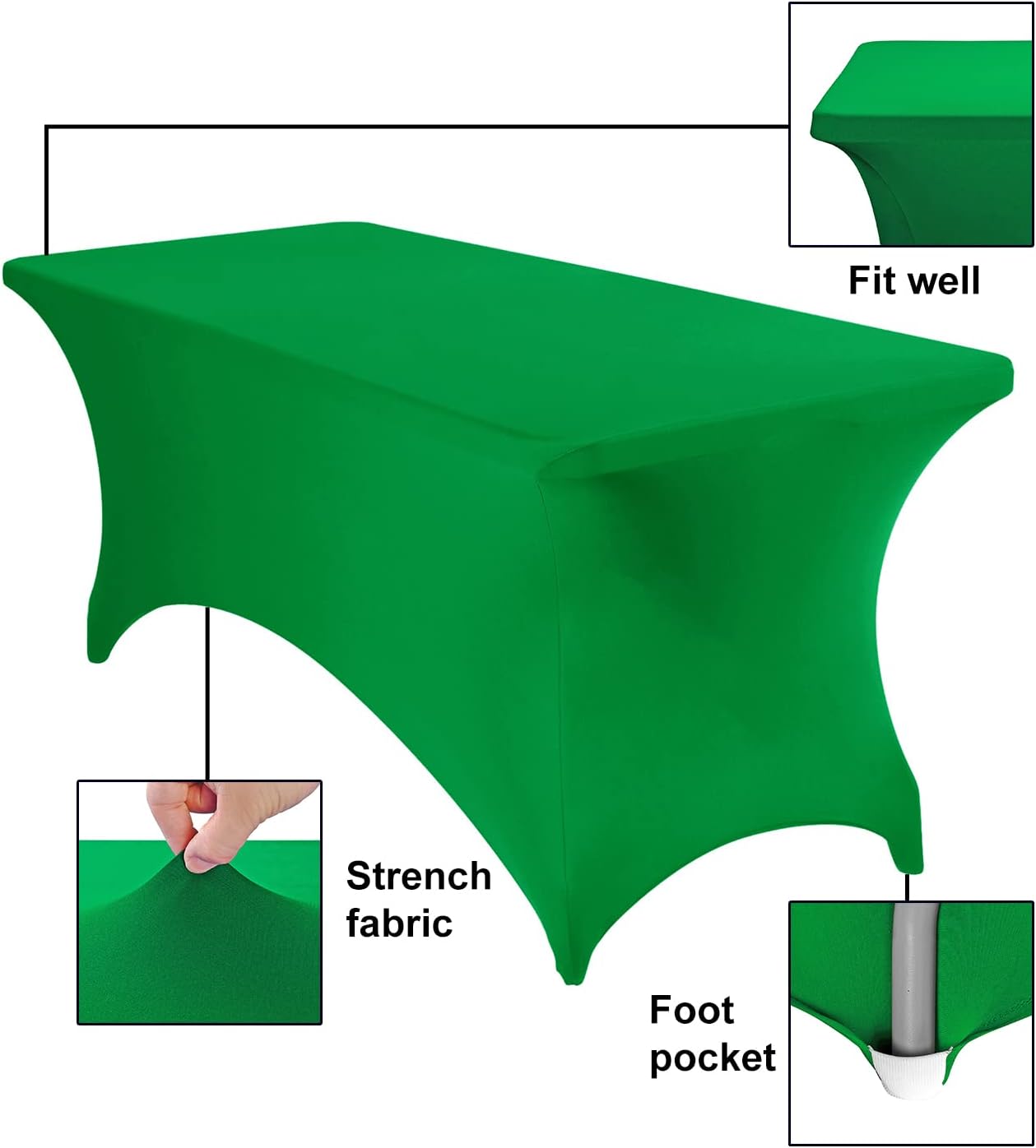 2-Pack Spandex Waterproof Tablecloths, 6FT, Emerald, Stretchable, Stain Resistant, All-Season, Wedding, Table Covers for Party, Wedding, Banquet, Events