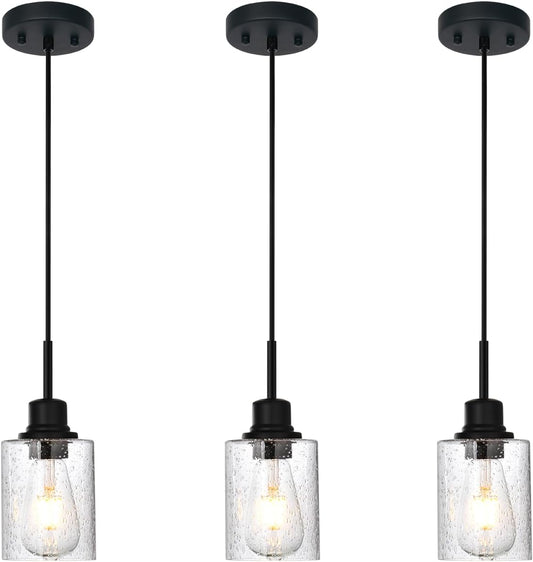 Modern Farmhouse Mini Chandeliers 3 Pack Black Pendant Lights Kitchen Island with Seeded Glass, Dining Room Lighting Fixtures Hanging Ceiling for Sink Bar Hallway Porch Corridor Bedroom