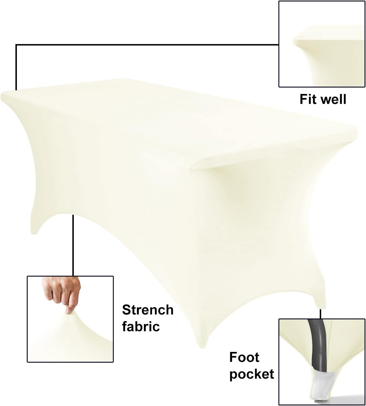 2Pack Spandex Waterproof Table Covers 6ft，Spandex 6ft Waterproof Table Cover for Party,Wedding, Banquet, and Events(Ivory)