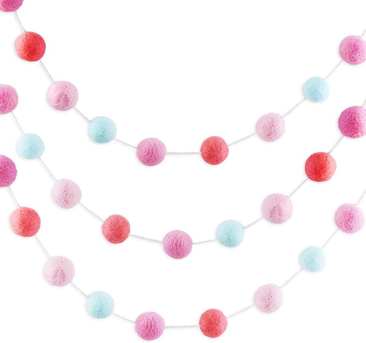 CCINEE 9.8 Feet Felt Ball Garland Pink Pom Poms Balls Strings (24Pieces Bulk) Handmade 4 Colors Mixed 1.2" for Birthday Banner Festival Spring Party Favor