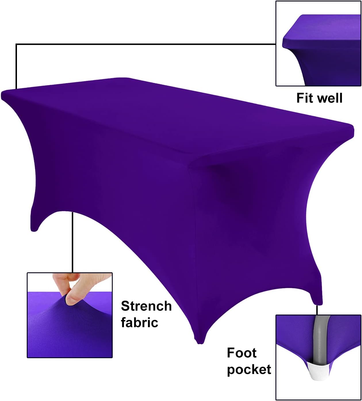 4Pack Spandex Waterproof Table Covers 6ft，Spandex 6ft Waterproof Table Cover for Party,Wedding, Banquet, and Events(Purple)