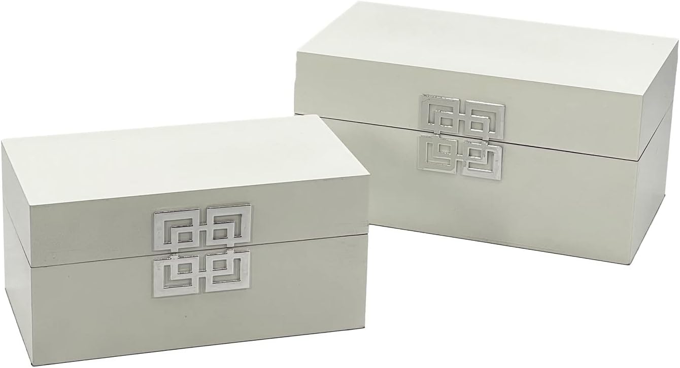 Galt International Storage Box Set Decorative Storage Box w/Hinged Lid Classic Design Wood Decor Boxes with Geometric Clasp Storage for Bedroom & Home - Set of 2 (White & Silver)