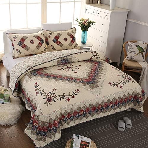 Beige Floral Embroidered Quilt Set King Size 100% Cotton Ethnic Patchwork Bedspread Coverlet Country Rustic Embroidery Reversible Geometric Bedding Cover Set Soft Cotton Comforter Cover,3pcs