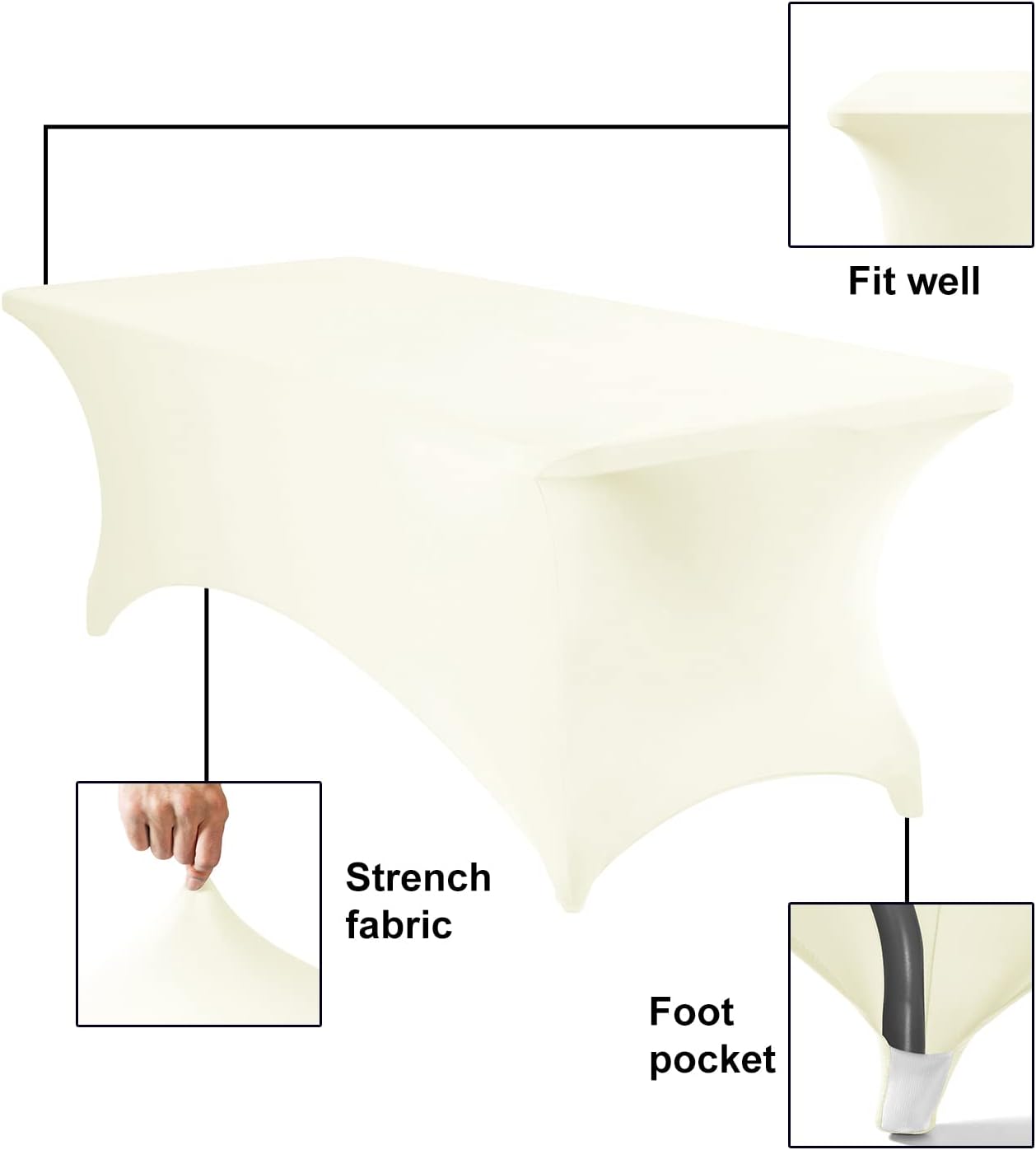 4Pack Spandex Waterproof Table Covers 8ft，Spandex 8ft Waterproof Table Cover for Party,Wedding, Banquet, and Events(Ivory)