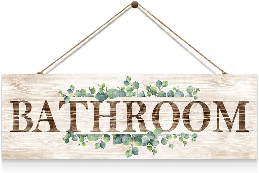 Bathroom Sign Wall Decor, Bathroom Wall Art with Plant Print, Rustic Farmhouse Wall Hanging Plaque Home Kitchen Decorative Bathroom, 4.7 x 13.7 inches