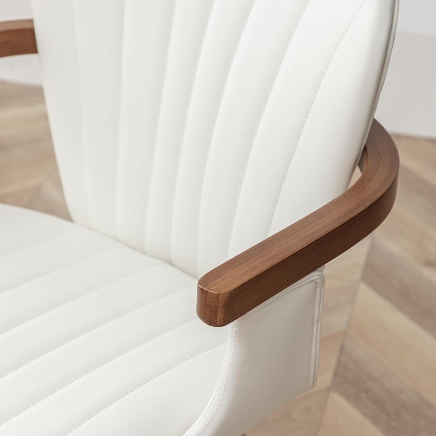 LUNLING Swivel Dining Room Chairs Set of 2,Mid Century Modern White Faux Leather Kitchen Chair with Arms,Bamboo Legs Side Chairs No Wheels,Accent Chair for Dining Rooms and Offices