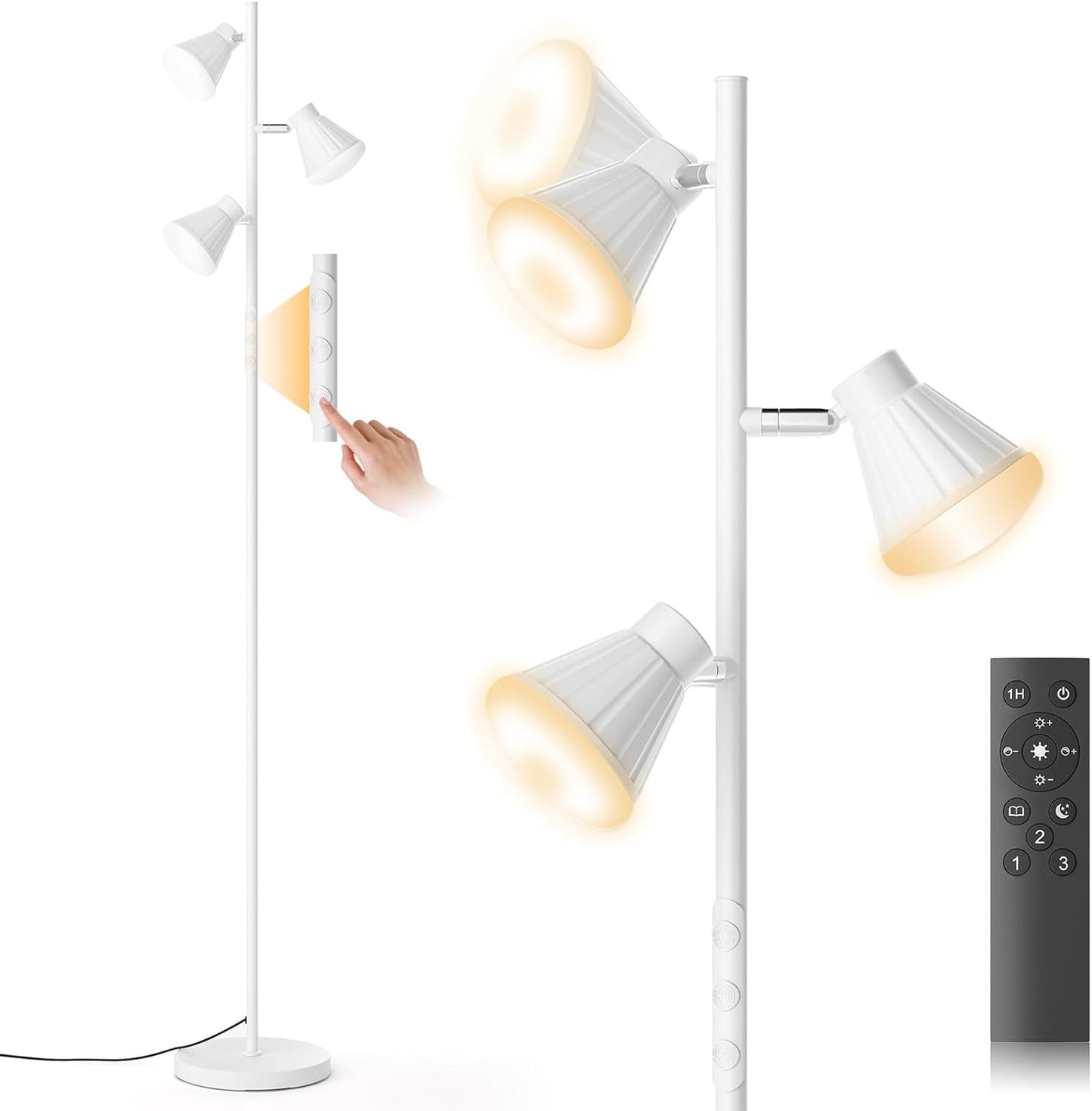36W LED Tree Floor Lamp, Dimmable Tall Standing Lamp with Remote & Touch Control, 4 Color Temperatures Bright Floor Lamp, 3 Rotatable Light Modern Floor Lamps (White)