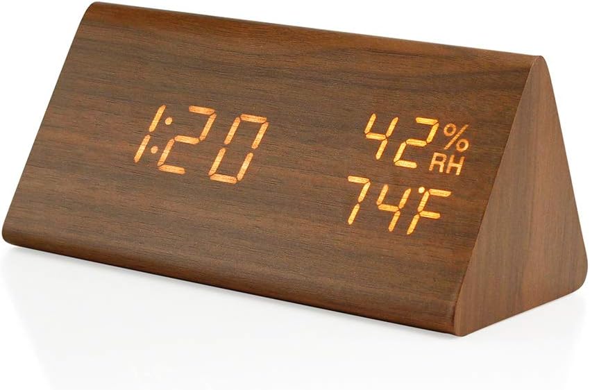 OCT17 Wooden Alarm Clock, Smart LED Digital Clock for Bedroom/desks, Upgraded with Time Temperature, Adjustable Brightness and Voice Control, Humidity Displaying - Brown