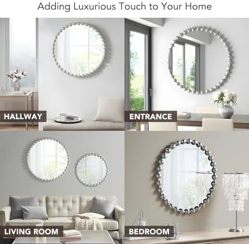Madison Park Round Mirror, Metal Frame Circle Mirror 36 inch, Wall Art Decor Mounted Hanging for Entryway, Bathroom, hallway, Living Room, Vanity, Marlowe, Silver