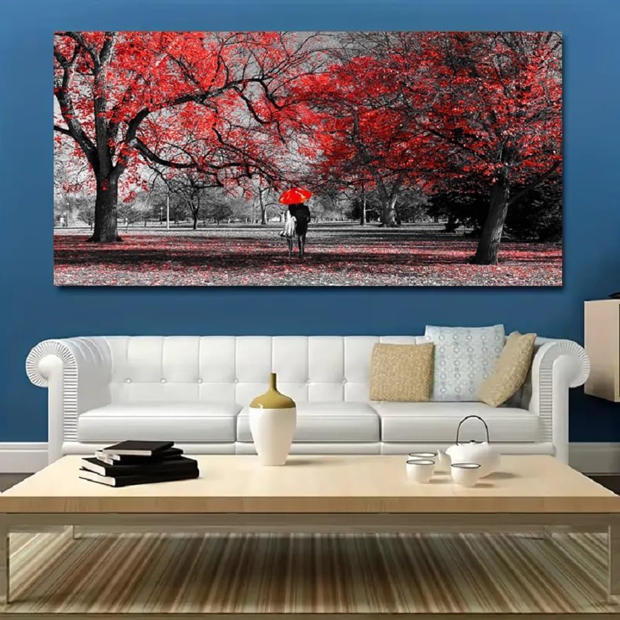 Bamdeya Wall Art for Bedroom Black and White Red Wall Decor Scenery Tree Prints Art Forest Canvas Painting Artwork Living Room Decor Large Framed Picture Home Decoration-24x48inches
