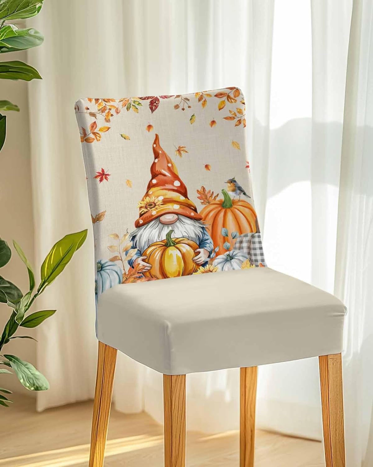 4 Pcs Dining Chair Covers Stretch Spandex Slipcovers Farm Thanksgiving Gnome Pumpkin Removable Washable Dining Room Seat Cover Cushion Protector for Home Hotel Banquet Decor Fall Maple Leaves Linen