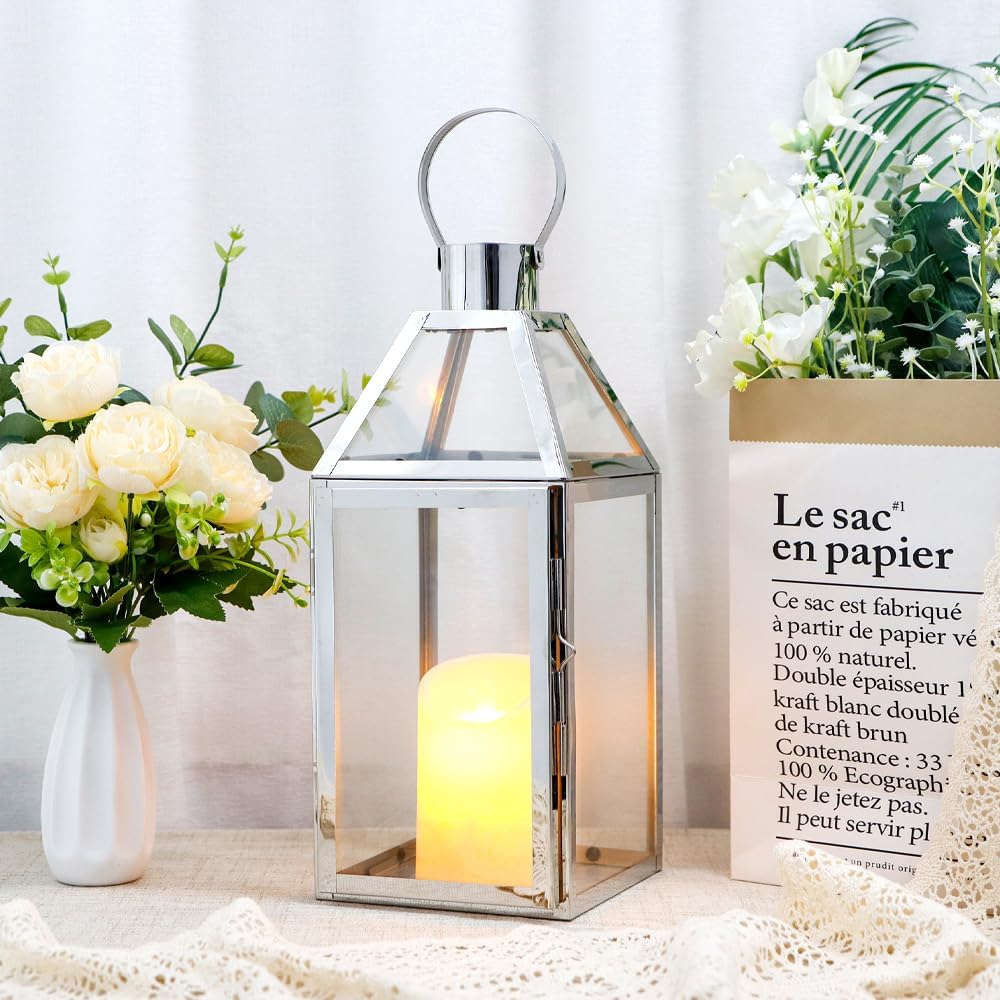 JHY Design Silver Decorative Lanterns 16inch High Stainless Steel Candle Lanterns with Tempered Glass for Indoor Outdoor Events Parities and Weddings
