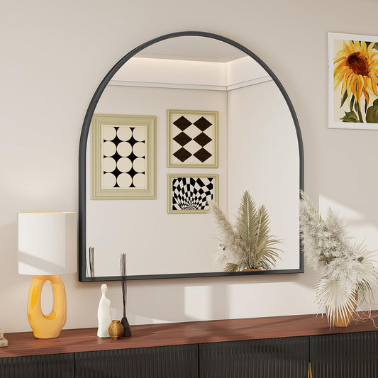 BEAUTYPEAK 31"x32" Arch Bathroom Mirror, Wall Mounted Vanity Metal Frame Mirror for Bedroom, Entryway, Living Room, Black