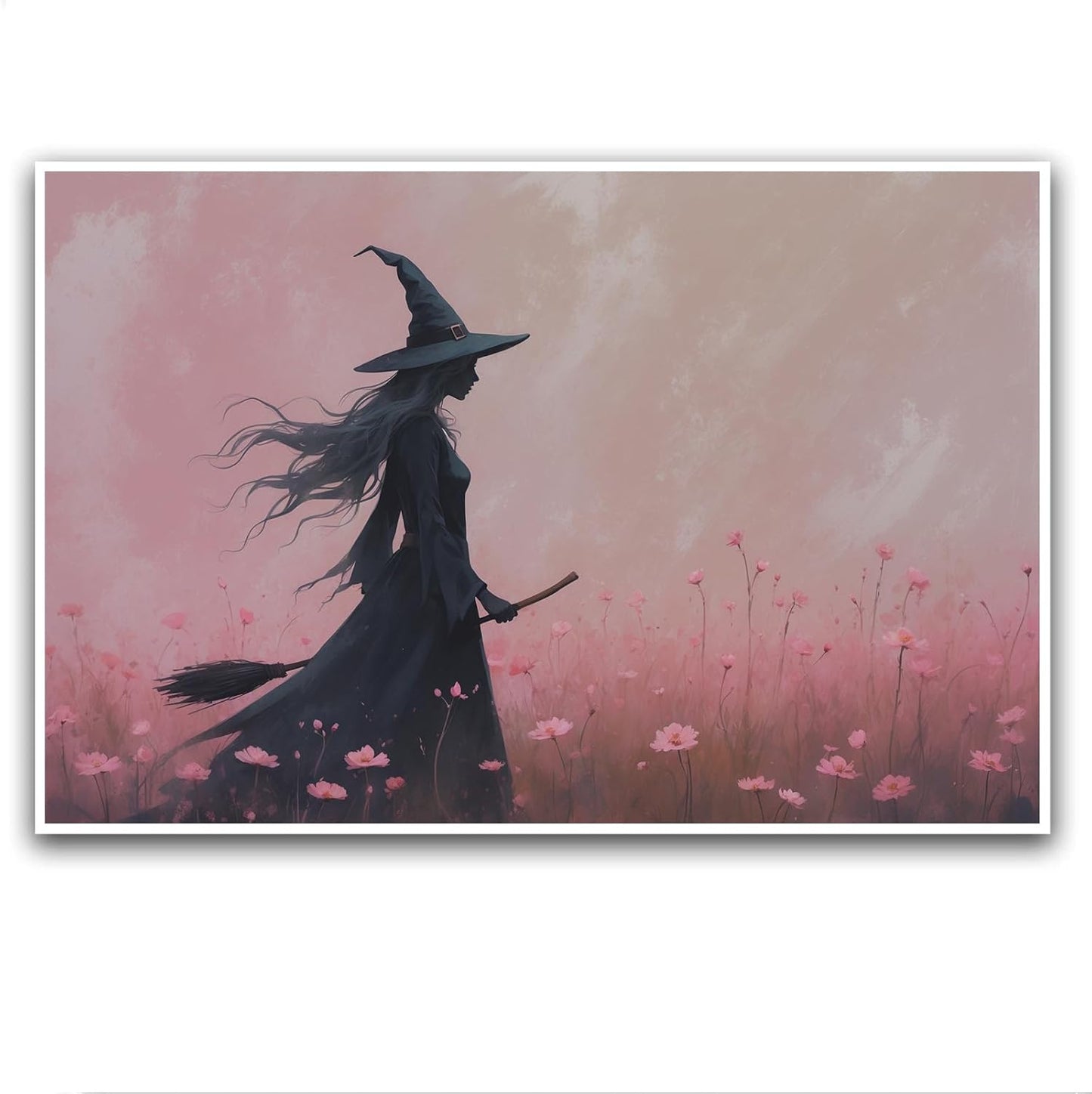JFHCQJPK Witch in the pink sea of flowers Halloween prints weird flowers wall art silhouette painting fashionable romantic decoration suitable for bedroom8x12in Frameless