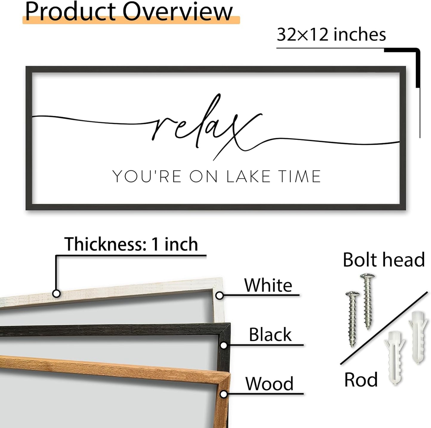 SRSZHIYUE Relax You're On Lake Time Wall Decor Above Bed Sign 32"×12" for Lake House Bedroom Over Bed Large Wood Framed Hanging Art (Black)