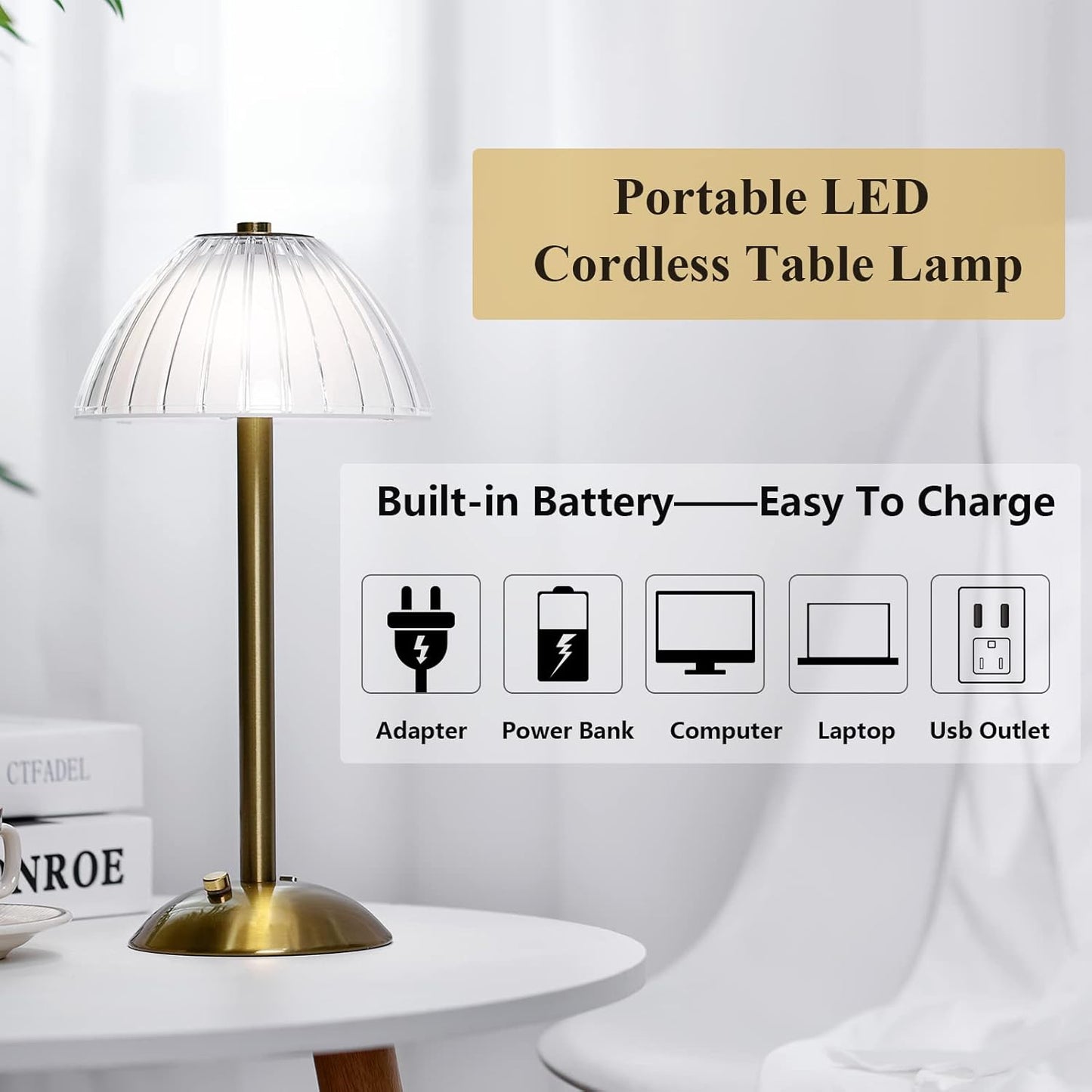 Liliful 1 Pcs LED Portable Cordless Table Lamp Touch Battery Operated Rechargeable Desk Lamp 3 Color Dimmable for Bedroom Living Room Dining (Mushroom Style,Gold)