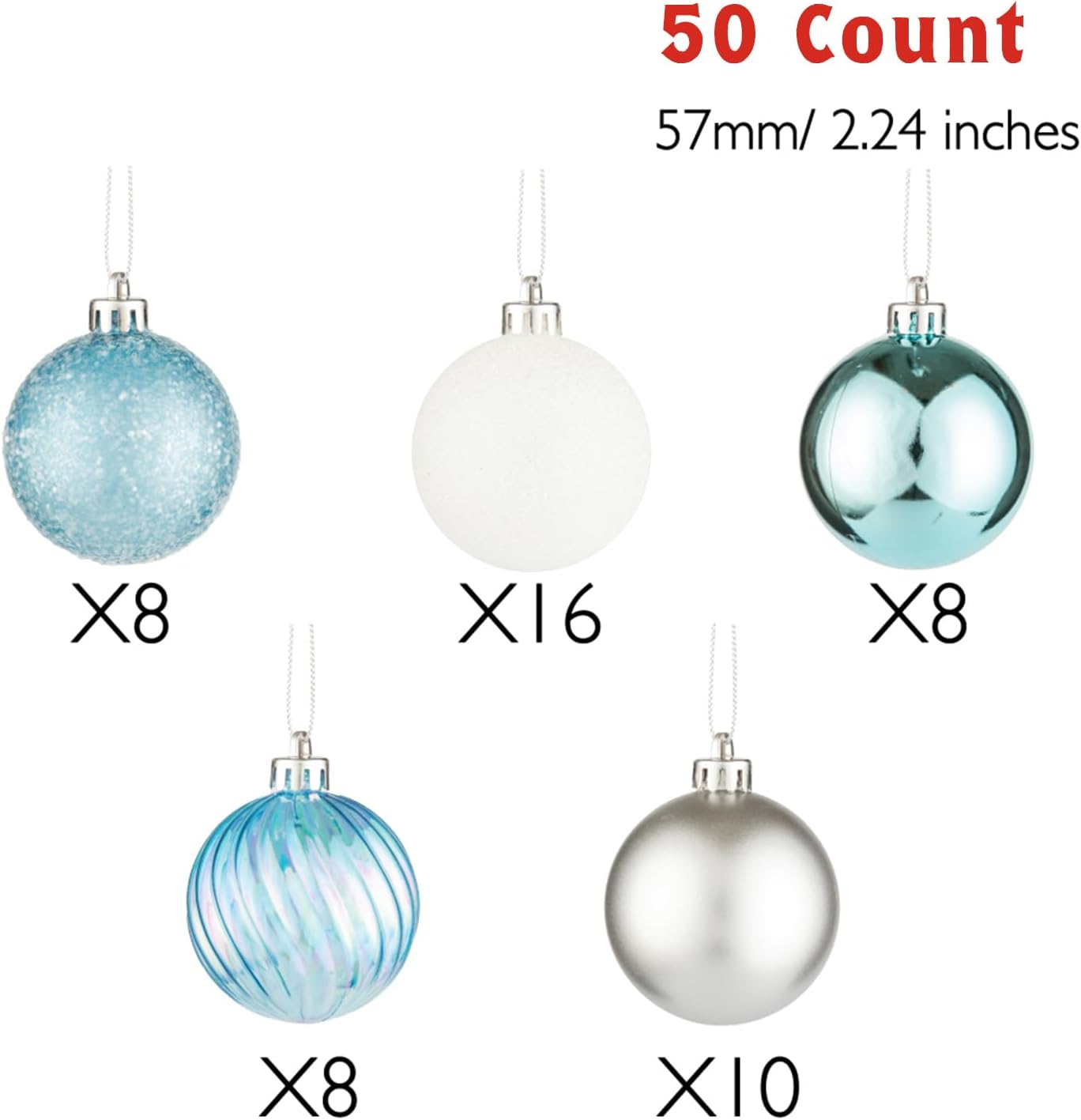 Every Day is Christmas Ornaments, Shatterproof Christmas Tree Ornament Set, Christmas Balls Decoration 50 Count (2.24"/57mm, Blue Silver)