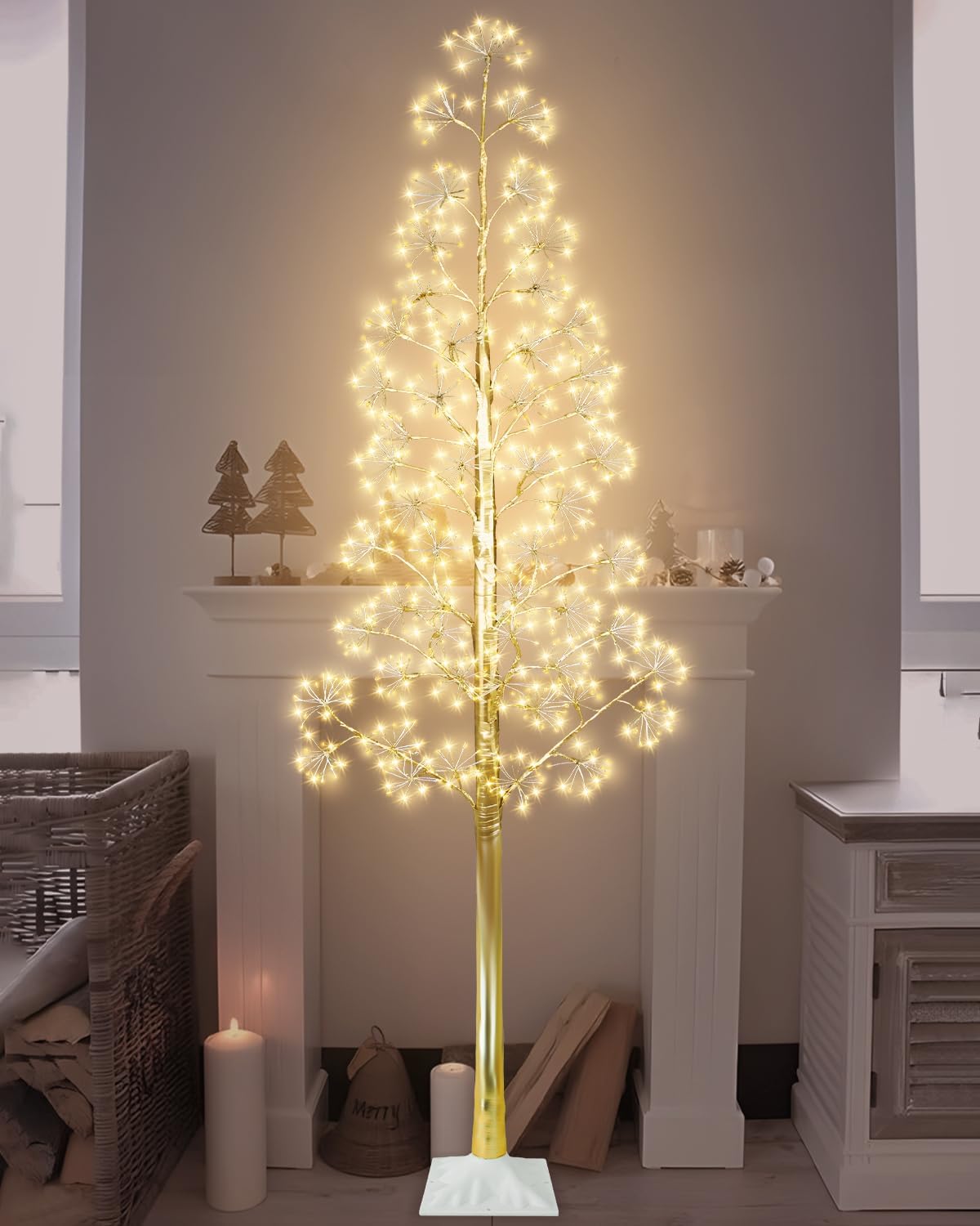 8FT Lighted Birch Tree Christmas Artificial Twig Tree with 1020 LED Lights Timer 8 Mode Xmas Tree for Holiday Party Wedding Indoor Outdoor Decor