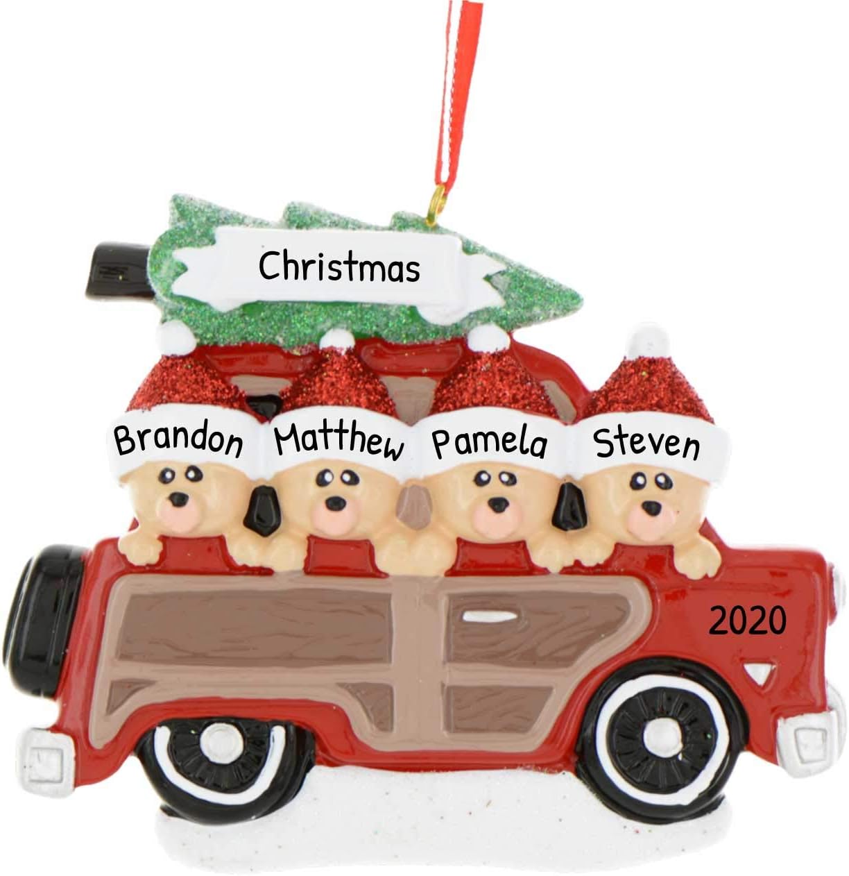 3D Road Trip Bears Family of 4 Ornament 2025 Personalized Family Christmas Ornaments 2025 | Snowy Tree Red Truck Personalized Tree Ornaments for Grandchildren, Siblings & Grandkids of Four Ornament