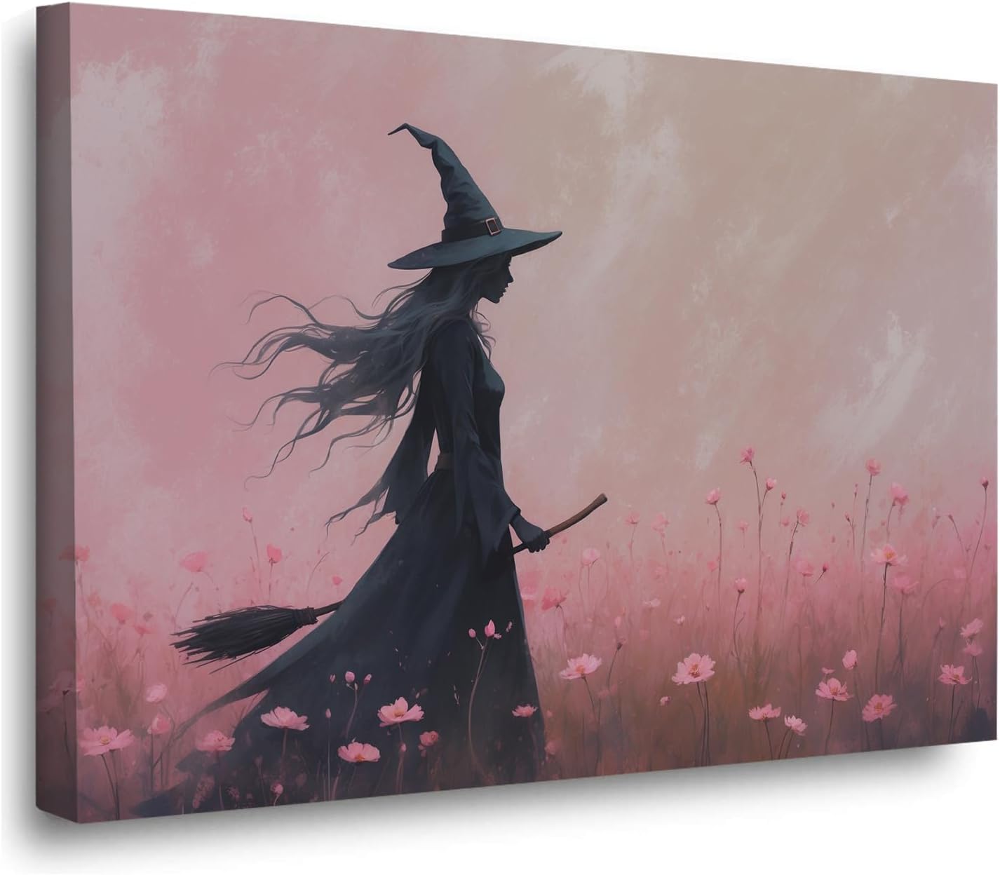 Witch in the pink sea of flowers Halloween prints weird flowers wall art silhouette painting fashionable romantic decoration suitable for bedroom16x24in Wood Framed