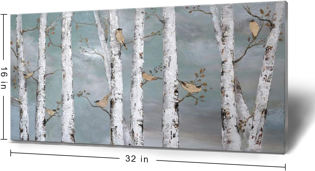 amatop Teal Wall Art 100% Hand-Painted Landscape Forest Oil Painting on Canvas Original Framed Artwork Gold Bird Birch Tree Artwork White Birch at Night for Living Room Bedroom Office Decor 32x16inch