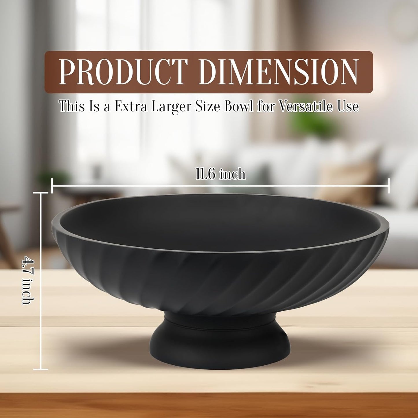Large Resin Pedestal Decorative Bowl - Modern Fruit Bowl for Kitchen Counter - Handicraft Bowls for Home Decor - Key Bowl for Entry Table,Matte Black