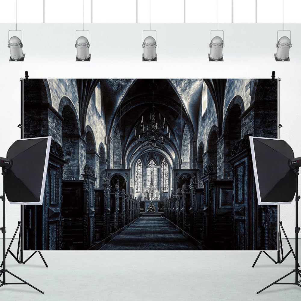 ChloropLastid 12x10ft Scary Church Halloween Backdrop Dark Black Horror Gothic Medieval Castle Interior Photography Background Halloween Night Carnival Theme Party Decor Banner Photo Studio Props