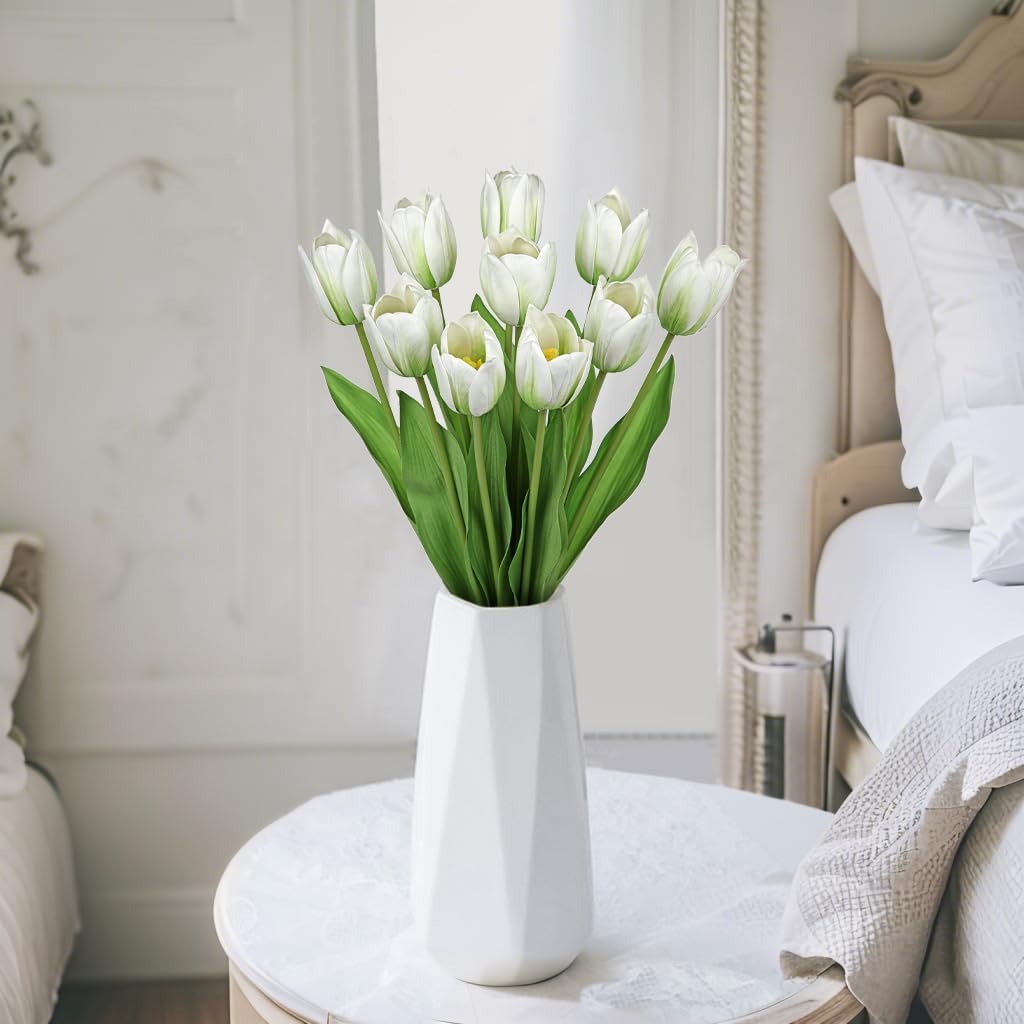 Artificial Tulips Flowers – 20" Long Stem Faux Tulips, 10PCS Real Touch Fake White Tulip for Vase, Farmhouse, Kitchen, Spring & Wedding Home Decor