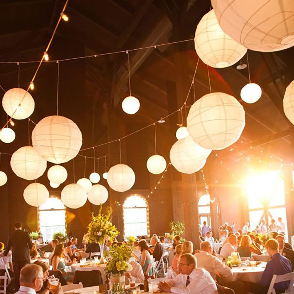 Paper Lanterns Decorative, White Hanging Round Chinese Lanterns with Lights for Wedding Anniversary Birthday Party 12 LED Light Pack of 12